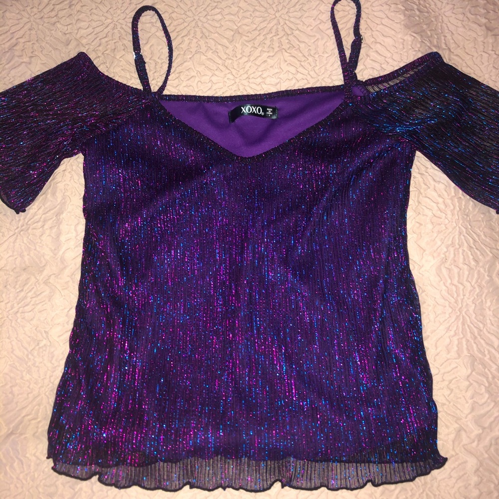 Duo tone shimmer off the shoulder shirt